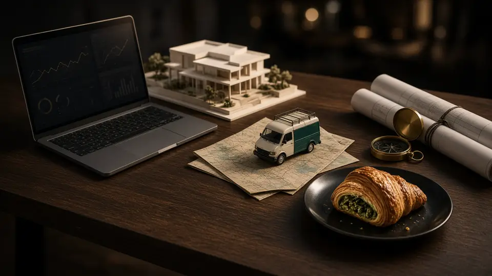 Five crafts on one table — systems, property, logistics, engineering, and culinary.