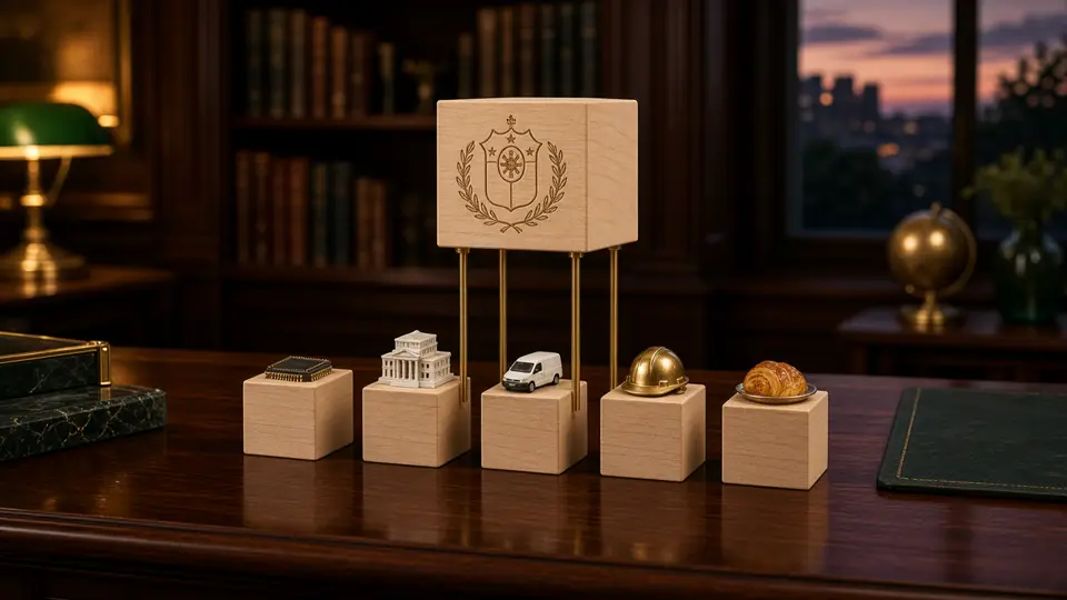 A holding-company desk: one parent crest above five operating crafts.
